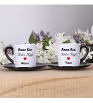 Anneye Hediye ANNE KIZ Tasarımlı ve İsimli 2'li Türk Kahvesi Fincan Takımı - siyah tabaklı