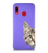 Samsung Galaxy A20 Soft Premier Kapak Catface Tasarımlı Silikon Kılıf - Mor (Şeffaf)