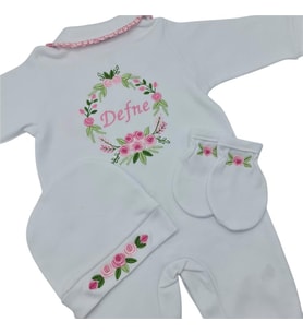 İsimli Hastane Çıkışı 3 Lü Set Rococo Laruel Desenli Pembe (Beyaz)