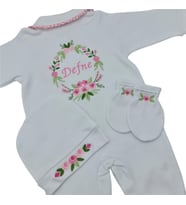 İsimli Hastane Çıkışı 3 Lü Set Rococo Laruel Desenli Pembe (Beyaz)