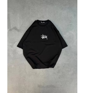 Unisex Bisiklet Yaka Baskılı Oversize T-Shirt - Siyah