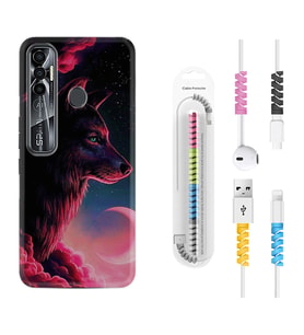 Tecno Spark 6 6 Go 8C 8 Pro 7 7 Pro Kılıf Kablo Koruma Spiral Silikon Wolf and Moon 1380