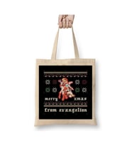 Neon Genesis Evangelion Christmas Knit Yılbaşı Beyaz Bez Çanta Uzun Saplı Alışveriş Çantası