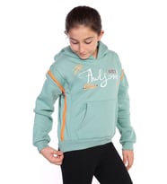 Toontoy Kız Çocuk Kapüşonlu Fermuar Detaylı Baskılı Sweatshirt (Yeşil)