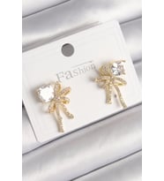 Pirinç Gold Renk Zirkon Taşlı Kurdele Model Kadın Küpe