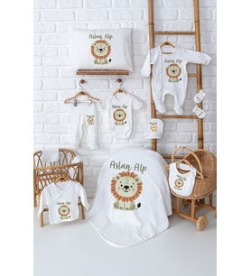 Pia Baby Premium %100 Pamuk 11 Parça İsimli Erkek Bebek Aslanlı Hastane Çıkışı Yeni Doğan Hediyelik Set 5011-00 (Ekru)