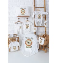 Pia Baby Premium %100 Pamuk 11 Parça İsimli Erkek Bebek Aslanlı Hastane Çıkışı Yeni Doğan Hediyelik Set 5011-00 (Ekru)
