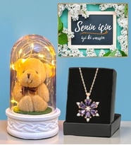Gerçek Ametist Taşlı Lotus Kolye ve Led Işıklı Fanus Hediye Seti (Model 6)
