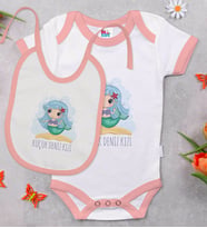 BK Kids Küçük Deniz Kızı Tasarımlı Pembe Bebek Body Zıbın ve Mama Önlüğü Hediye Seti-1