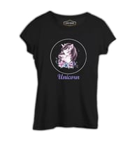 Unicorn Çiçek Anneler Günü Siyah Kadın Tshirt