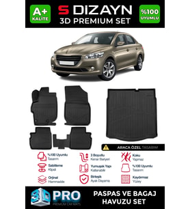 S-Dizayn Peugeot 301 3D Pro Havuzlu Paspas ve Bagaj Havuzu Seti (2'li SET) 2013 Üzeri A+ Kalite