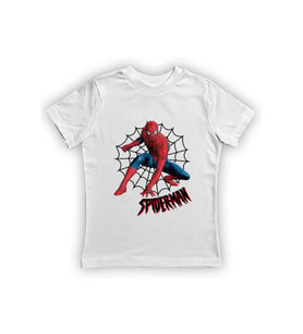 Spiderman baskılı örümcek adam pamuklu penye kumaş yazlık çocuk tişört (Beyaz)