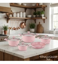 ARZU ÇELİK 9 Parça Granit Set Cam Kapak - Pembe