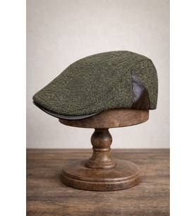 Deri Siperli Yün Karışımlı Erkek Flat Cap Kasket  Ayarlanabilir  Klasik Kış Şapkası (Haki)