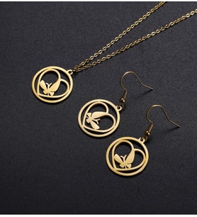 Kişiye Özel 24 Ayar Has Altın Kaplama Gümüş Kelebek Kolye Küpe Seti (Gold)