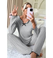 pilelistore Kadın Gri Çizgili Uzun Kollu Fiyonk Detaylı Pijama Takımı Rahat Mevsimlik