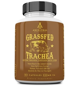 Ancestral Supplements Grass Fed Beef Tracheal Cartilage with Liver, 3000mg, 180 Capsules.