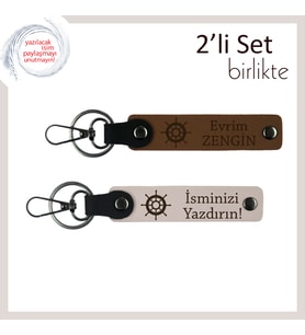 Gemi Dümeni Motifiyle Şık Hediye, Yazılabilir Deri Anahtarlık Takımı, Açık Kahve-Pudra