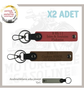 Biker Stiline Özel, İsim Plaka ve B Rh (-) Kan Grubu Yazılı Motor x2 Anahtarlık, Nar Çiçeği-Kahve-Gr (Çok Renkli)