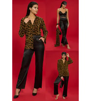 6'lı Pliseli Leopar Bustiyerli Siyah Pijama Takım