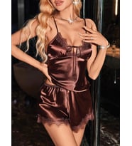 Fantezia Night Kadın Kahverengi Askılı Dantel saten Üst Pijama Takımı 2228