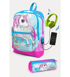 Coral High Kids Mavi Neon Pembe Unicorn Desenli USB'li 2'li Okul Çanta Seti - Kız Çocuk