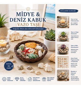 YUVARLAK AHŞAP SEPET RENKLİ MİX MİDYE - DENİZ KABUK VAZO TAŞI (5343)