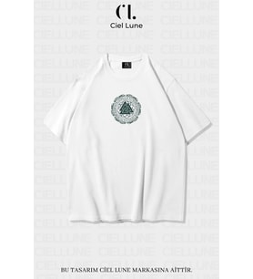 Unisex Kadın Erkek Valknut and Vegvisir Baskılı Özel Tasarım Oversize T-shirt (Beyaz)