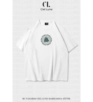 Unisex Kadın Erkek Valknut and Vegvisir Baskılı Özel Tasarım Oversize T-shirt (Beyaz)