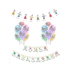 OKULA BAŞLIYORUM BASKILI BALON SEVİMLİ ZAR ÇOZUKLU DEKOR BANNER