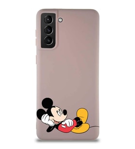 Samsung Galaxy S21 Plus Soft Premier Kapak Mickey Mouse-F Tasarımlı Silikon Kılıf - Pudra (Şeffaf)