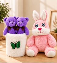 Pembe Peluş Tavşan ve Peluş Saksıda Ayıcıklar Buketi Sevgiliye Kadına Arkadaşa Hediye