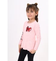 Toontoy Kız Çocuk Göğsü Pullu Fiyonklu Nakışlı T-Shirt (Pembe Melanj)
