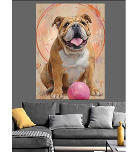 Bulldog Köpeği Pembe Balon Dekoratif Kanvas - Mdf Ahşap Tablo