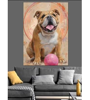 Bulldog Köpeği Pembe Balon Dekoratif Kanvas - Mdf Ahşap Tablo