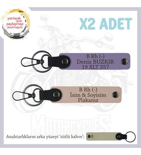 Motor Tutkunlarına Özel İsim Plaka ve B Rh (-) Kan Grubu Yazılı x2 Anahtarlık, Yavruağzı-Mor-SK (Çok Renkli)