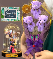 Kişiye Özel Led Işıklı Fanus ve Mor Peluş Ayıcık Buketi - Premium Hediye Seti (Model 8)