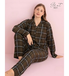 Pijamerry Kadın Büyük Beden Gömlek Yaka Süet Uzun Kol Pijama Takımı 5272- 1 Adet (Haki)