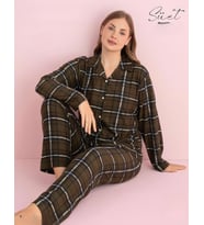Pijamerry Kadın Büyük Beden Gömlek Yaka Süet Uzun Kol Pijama Takımı 5272- 1 Adet (Haki)