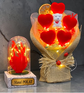 Size Özel Hediye Işıklı Kırmızı Kalp Buketi ve Led Işıklı Kırmızı Kalpli Fanus