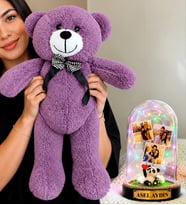 Kişiye Özel 3 Fotoğraflı Renkli LED Işıklı Fanus (pandalı) ve 50 cm Büyük Mor Peluş Ayıcık