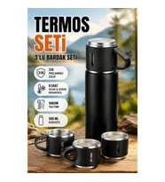 3'lü Siyah Termos ve Bardak Seti 500 ml – 316 Paslanmaz Çelik Vakum Yalıtımlı
