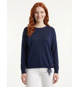 Kadın Lacivert Relaxed Fit Triko Detaylı Uzun Kollu Bluz