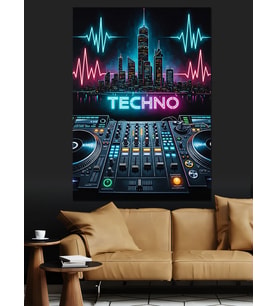 Neon Işıklı Techno Müzik Masası Dekoratif Kanvas - Mdf Ahşap Tablo