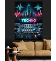 Neon Işıklı Techno Müzik Masası Dekoratif Kanvas - Mdf Ahşap Tablo