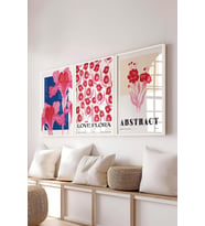 Pembe Minimalist Tablo Seti, 3 Adet Beyaz Çerçeve ve Poster - Mutfak, Salon, Yatak Odası Dekoru
