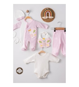 3 Ay Kelebek Nakış Puanlı Tulumlu Kız Bebek 5'li Set Pembe
