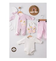 3 Ay Kelebek Nakış Puanlı Tulumlu Kız Bebek 5'li Set Pembe