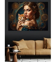 Kedisiyle Birlikte Asil Kadın Portresi Dekoratif Kanvas - Mdf Ahşap Tablo