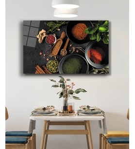 Baharat Mutfak Natürmort Cam Tablo 4mm Dayanıklı Temperli Cam Spices Kitchen Still Life Glass Wall Art
